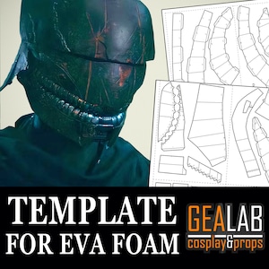 May include: A printable template for a helmet, designed for use with EVA foam. The template is printed on white paper and shows the different pieces that make up the helmet. The text "TEMPLATE FOR EVA FOAM GEALAB cosplay & props" is printed at the bottom of the image.