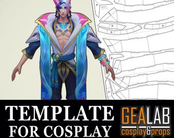 以下が含まれることがあります： ビデオゲームのキャラクターのための印刷可能なペーパークラフトテンプレート。テンプレートは、青とピンクの髪、白いシャツ、青いズボン、青とピンクのケープを着たキャラクター用です。テンプレートには、「GEALAB cosplay & props」と「TEMPLATE FOR COSPLAY」のラベルが付けられています。