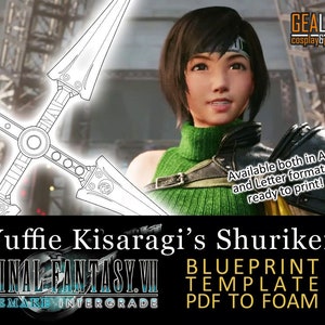 Könnte beinhalten: Eine schwarz-weiße Blaupause für einen Shuriken, eine Wurfsternwaffe, aus dem Videospiel Final Fantasy VII Remake Intergrade. Die Blaupause ist mit "Yuffie Kisaragi's Shuriken" und "PDF to Foam" beschriftet.