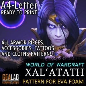 Può includere: Modello A4 stampabile per un costume da cosplay di Xal'atath di World of Warcraft realizzato in schiuma EVA. Il modello include tutti i pezzi dell'armatura, gli accessori, i tatuaggi e i modelli di stoffa.