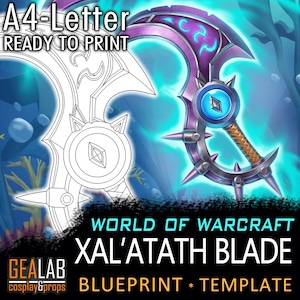 Puede incluir: Una plantilla imprimible para una hoja de Xal'atath de World of Warcraft. La plantilla es un dibujo en blanco y negro de la hoja, con una imagen a color de la hoja en el lado derecho de la imagen. El texto "A4-Letter READY TO PRINT" está en la parte superior de la imagen. El texto "WORLD OF WARCRAFT XAL'ATATH BLADE BLUEPRINT * TEMPLATE" está en la parte inferior de la imagen.