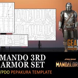 Pu&ograve; includere: Un modello di papercraft stampabile in bianco e nero per costruire un set di armature mandaloriane. Il modello &egrave; etichettato "Mando 3rd Armor Set" e "PDF/PDO PEPAKURA TEMPLATE". L'immagine include anche un rendering del set di armature completato e il testo "GEALAB cosplay&props" e "STAR WARS THE MANDALORIAN".