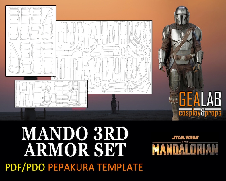 Pu&ograve; includere: Un modello di papercraft stampabile in bianco e nero per costruire un set di armature mandaloriane. Il modello &egrave; etichettato "Mando 3rd Armor Set" e "PDF/PDO PEPAKURA TEMPLATE". L'immagine include anche un rendering del set di armature completato e il testo "GEALAB cosplay&props" e "STAR WARS THE MANDALORIAN".