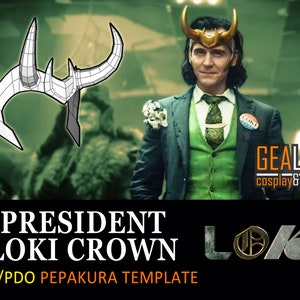 May include: A white papercraft template for a Loki crown, featuring a horned design. The template is labelled "President Loki Crown" and "PDF/PDO Pepakura Template".