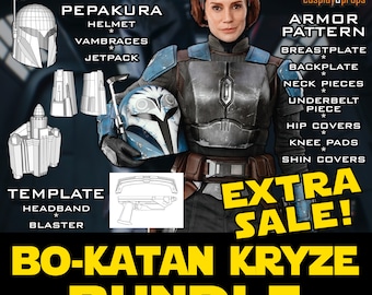 Bo Katan Bundle - PDF Pattern & Pepakura for Foam Cosplay (Star Wars - The Mandalorian) (Mandalorian Female Armor) Helmet, Jetpack, Blaster