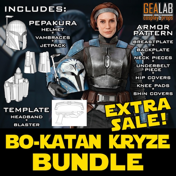 Paquete Bo Katan - Patrón PDF y Pepakura para Cosplay de espuma (Star Wars - The Mandalorian) (Armadura femenina mandaloriana) Casco, Jetpack, Blaster