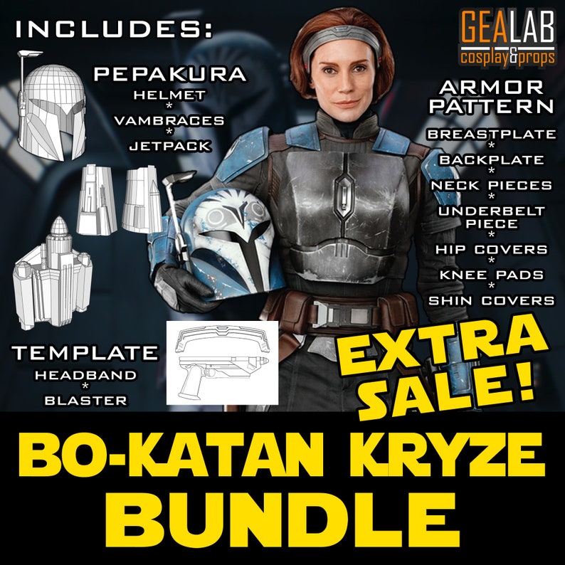 Bo Katan Bundle - PDF Pattern & Pepakura for Foam Cosplay (Star Wars - The Mandalorian) (Mandalorian Female Armor) Helmet, Jetpack, Blaster image 1