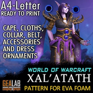 Può includere: Un modello stampabile per un costume cosplay di Xal'atath di World of Warcraft realizzato in schiuma EVA. Il modello include istruzioni per la realizzazione del mantello, degli abiti, del colletto, della cintura, degli accessori e degli ornamenti del vestito.