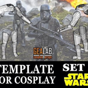 May include: A set of printable templates for a Star Wars cosplay costume. The templates are for the arms, legs, and chest armor. The templates are labeled "Set 2" and "Star Wars".