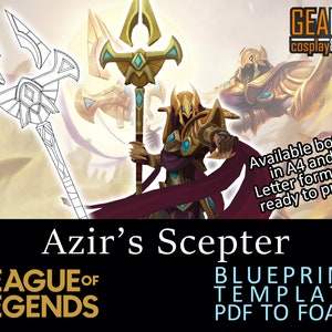 Puede incluir: Una plantilla de plano imprimible para el cetro de Azir de League of Legends. La plantilla está diseñada para ser utilizada con espuma para crear una réplica del cetro. La plantilla está disponible en formatos A4 y Letter.
