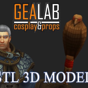 May include: A 3D printed STL model of a brown and red staff with a bird head on top. The staff is held by a person wearing a blue and silver tunic. The text "GEALAB cosplay&props" is at the top of the image. The text "STL 3D MODEL" is at the bottom of the image.