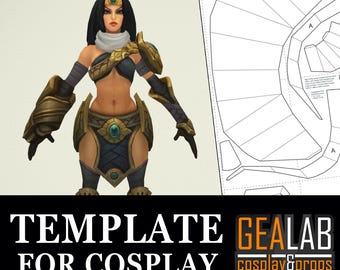 May include: A digital illustration of a female warrior in a gold and blue costume, with a matching headpiece. A paper template for the costume is on the right. The text "TEMPLATE FOR COSPLAY" is at the bottom, with the Gealab logo.