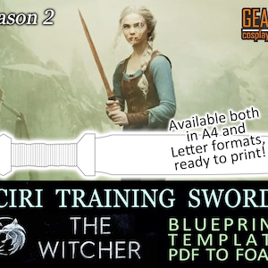 Könnte beinhalten: Eine Blaupause für ein Ciri-Trainings-Schwert aus The Witcher Staffel 2. Die Vorlage ist in den Formaten A4 und Letter verfügbar, zum Ausdrucken und zum Erstellen eines Schaumstoffschwerts.