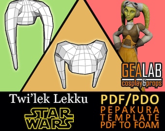 May include: A black and white line drawing of a Twi'lek Lekku, a headpiece worn by the Twi'lek species in the Star Wars universe. The image is labeled "Twi'lek Lekku" and "STAR WARS". The image also includes the text "PDF/PDO PEPAKURA TEMPLATE PDF TO FOAM" and the logo "GEALAB cosplay&props".