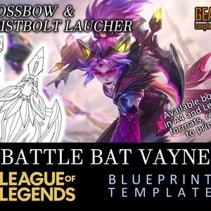 Puede incluir: Una plantilla de plano imprimible para un accesorio de cosplay Battle Bat Vayne de League of Legends. La plantilla incluye un dibujo de línea detallado de la ballesta y el lanzador de pernos de muñeca, con el texto "CROSSBOW & WRISTBOLT LAUCHER" en la parte superior. El texto "BATTLE BAT VAYNE" está en la parte inferior, con el texto "BLUEPRINT TEMPLATE" debajo. El texto "LEAGUE OF LEGENDS" está en el centro de la imagen.