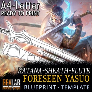 Può includere: Un modello stampabile per una katana, un fodero e un flauto, ispirato al personaggio Yasuo di League of Legends. Il modello è etichettato "KATANA-SHEATH-FLUTE FORESEEN YASUO BLUEPRINT * TEMPLATE".