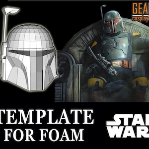 Puede incluir: Una plantilla imprimible para un casco de Boba Fett, hecha para la elaboración de espuma. La plantilla se muestra junto a una foto de un cosplayer de Boba Fett con un casco y armadura. El texto "TEMPLATE FOR FOAM" y "STAR WARS" se muestra en la parte inferior de la imagen.