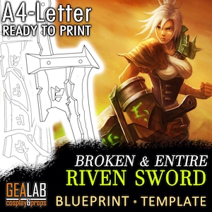 May include: A printable template for a broken and whole sword, inspired by the League of Legends character Riven. The template is ready to print on A4 paper.