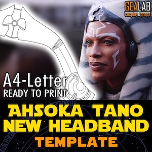 May include: A digital template for an Ahsoka Tano headband, ready to print on A4-Letter paper. The image features a detailed line drawing of the headband design, alongside a portrait of Ahsoka Tano. The text reads "AHSOKA TANO NEW HEADBAND TEMPLATE".