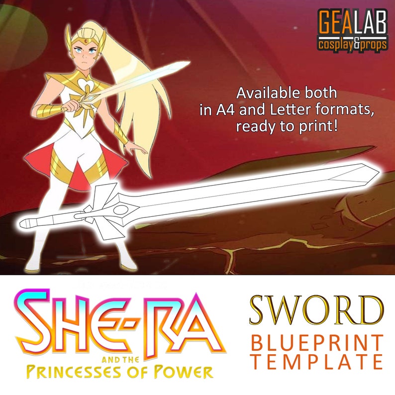 Puede incluir: Una plantilla de plano imprimible de la espada de She-Ra y las Princesas del Poder. La espada es blanca y tiene un dise&ntilde;o detallado. La plantilla est&aacute; disponible en formatos A4 y Letter.