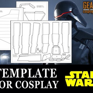 K&ouml;nnte beinhalten: Eine druckbare Vorlage f&uuml;r einen Star Wars Cosplay-Helm. Die Vorlage ist schwarzwei&szlig; und enth&auml;lt Anweisungen f&uuml;r die Montage. Der Helm ist dunkelgrau mit einem roten Visier.
