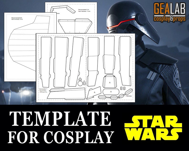 K&ouml;nnte beinhalten: Eine druckbare Vorlage f&uuml;r einen Star Wars Cosplay-Helm. Die Vorlage ist schwarzwei&szlig; und enth&auml;lt Anweisungen f&uuml;r die Montage. Der Helm ist dunkelgrau mit einem roten Visier.
