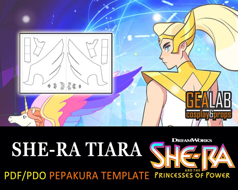 May include: A printable PDF/PDO template for a She-Ra tiara, featuring a white outline of the tiara wings on a white background. The template is for use with the Pepakura software. The image also includes the DreamWorks She-Ra and the Princesses of Power logo.