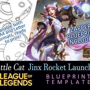 May include: A digital printable template for a Battle Cat Jinx Rocket Launcher from League of Legends. The template includes a blueprint and is available in A4 and Letter formats. The image shows a colorful illustration of Jinx holding the rocket launcher.