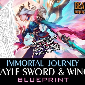 May include: A digital blueprint for a sword and wing, inspired by the character Kayle from the video game League of Legends. The blueprint is available in A4 and Letter formats, ready to print. The image features a stylised illustration of Kayle with her sword and wings.