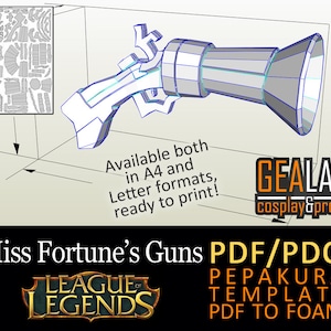 Może przedstawiać: Tr&oacute;jwymiarowy model pistoletu z gry League of Legends. Model jest wykonany z szarego i niebieskiego plastiku i jest gotowy do wydrukowania. Tekst "Miss Fortune's Guns PDF/PDO PEPAKURA TEMPLATE PDF TO FOAM" znajduje się na dole obrazu.