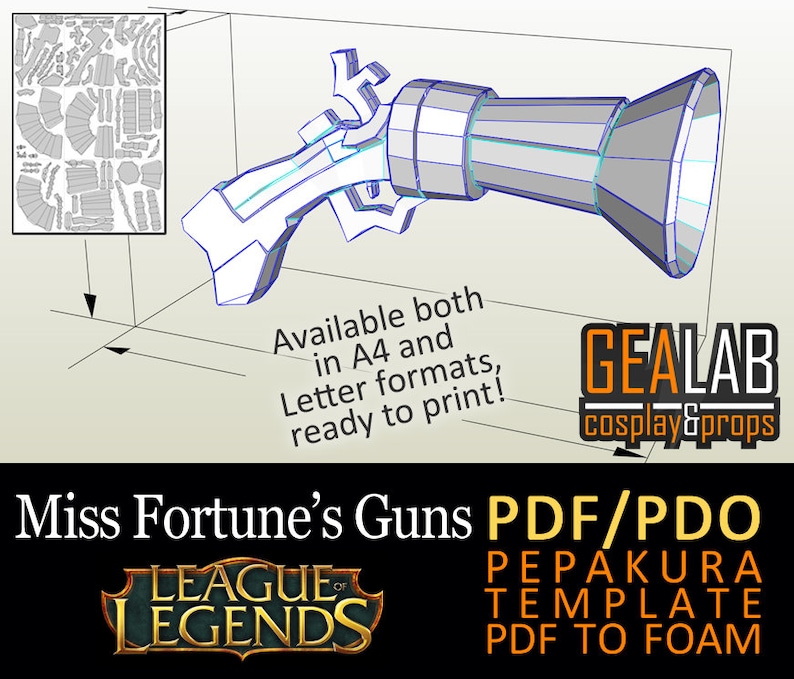 Może przedstawiać: Tr&oacute;jwymiarowy model pistoletu z gry League of Legends. Model jest wykonany z szarego i niebieskiego plastiku i jest gotowy do wydrukowania. Tekst "Miss Fortune's Guns PDF/PDO PEPAKURA TEMPLATE PDF TO FOAM" znajduje się na dole obrazu.