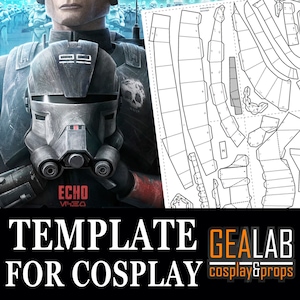 Könnte beinhalten: Eine druckbare Papierbastelvorlage für einen Star Wars Clone Trooper Helm. Die Vorlage ist mit "Echo" beschriftet und für Cosplay gedacht.