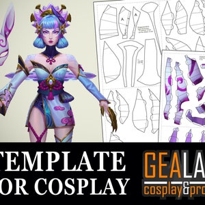 May include: A papercraft template for cosplay, featuring a character with blue hair, a white and purple outfit, and a rabbit mask. The template includes detailed instructions and diagrams for creating the character.