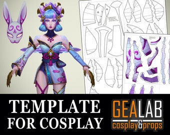 May include: A papercraft template for cosplay, featuring a character with blue hair, a white and purple outfit, and a rabbit mask. The template includes detailed instructions and diagrams for creating the character.