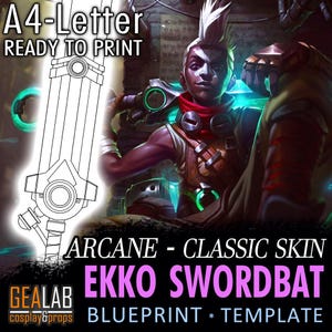 May include: A blueprint template for an Ekko Swordbat from the Arcane series. The image features a detailed line drawing of the swordbat, along with a character illustration. Text includes "A4-Letter READY TO PRINT" and "EKKO SWORDBAT BLUEPRINT * TEMPLATE".