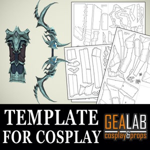 Puede incluir: Ilustración detallada de un conjunto de armas y armaduras de cosplay, con un arco y un escudo estilizados. Acompañando a los modelos 3D hay plantillas de papel con líneas de corte para la elaboración. La imagen incluye el texto "TEMPLATE FOR COSPLAY" y el logotipo de GEALAB.