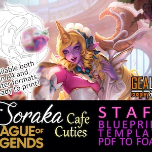 May include: A printable PDF template for a Soraka Cafe Staff cosplay prop. The template is for a staff with a crescent moon design and is ready to be printed and used to create a foam prop. The image shows a cartoon character holding the staff.