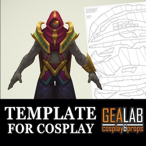 May include: A digital illustration of a character in a costume with a red hood, gold accents, and a purple and gold chest piece. A template for the costume is on the right. The text reads: "TEMPLATE FOR COSPLAY".