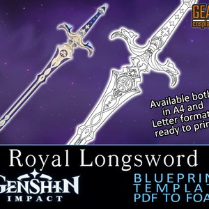May include: A digital blueprint template for a Royal Longsword, ready to print in A4 and Letter formats. The image shows a colored version and a line drawing of the sword. The sword has a blue and gold color scheme, with intricate details.