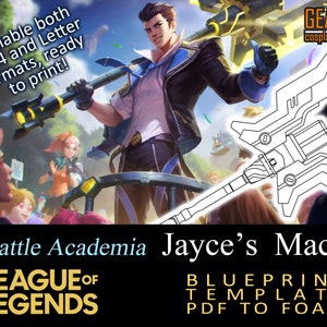 Puede incluir: Una plantilla de plano imprimible para un proyecto de artesanía de espuma de la Maza de Jayce de League of Legends. El plano es para un arma de la línea de aspectos Battle Academia. La imagen muestra a un personaje sosteniendo el arma.