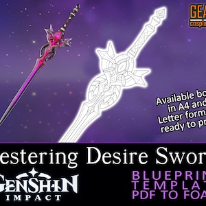 Puede incluir: Una plantilla de plano imprimible para una Espada del Deseo Festering del videojuego Genshin Impact. La plantilla está diseñada para ser utilizada con espuma para crear un accesorio. La imagen muestra un dibujo de línea de la espada y una imagen coloreada de la espada.