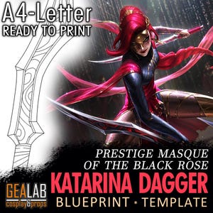 Puede incluir: Un plano y una plantilla digitales para una Daga Katarina, parte de la colección Prestige Masque of the Black Rose. La imagen presenta una ilustración detallada del diseño de la daga, junto con una ilustración de personaje. El texto incluye "A4-Letter READY TO PRINT".