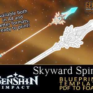 May include: A Skyward Spine blueprint template from Genshin Impact. The image shows a finished prop and a blueprint outline. The finished prop is a spear with a light blue blade and gold accents. Text reads "Available both in A4 and Letter formats, ready to print!"