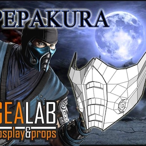 Puede incluir: Una máscara de papel blanca de Sub-Zero de la serie de videojuegos Mortal Kombat. La máscara es un diseño geométrico detallado con un contorno negro. El texto "PEPAKURA" está en la esquina superior izquierda de la imagen. El texto "GEALAB cosplay&props" está en la esquina inferior izquierda de la imagen.
