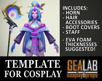 May include: A digital template for cosplay featuring a character with blue hair, a pink and purple outfit, and a staff with a blue and gold crescent moon. The template includes instructions for using EVA foam to create the costume.