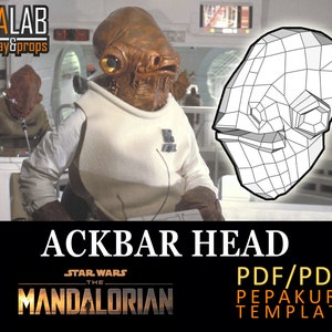 May include: A printable PDF/PDO template for a Star Wars: The Mandalorian Ackbar head. The template is a line drawing of the head, ready to be printed and assembled.