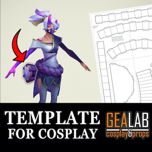 Op de afbeelding: Een digitale illustratie van een personage in een witte, paarse en marineblauwe outfit met een masker. De afbeelding bevat een sjabloon voor cosplay en de tekst "TEMPLATE FOR COSPLAY" en het logo "GEALAB cosplay&props".