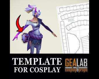 May include: A digital illustration of a character in a white, purple, and navy blue outfit with a mask. The image includes a template for cosplay and the text "TEMPLATE FOR COSPLAY" and the logo "GEALAB cosplay&props".