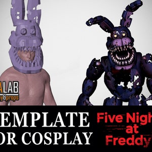 May include: A purple and blue animatronic bunny head with a large mouth and sharp teeth. The head is on a person's head and the animatronic is standing in the background. The text "TEMPLATE FOR COSPLAY Five Nights at Freddy's" is at the bottom of the image.
