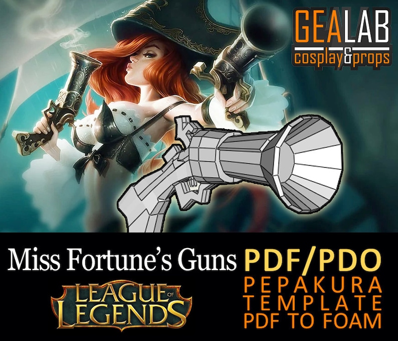 Może przedstawiać: Drukowany szablon PDF do papierowego modelu pistolet&oacute;w Miss Fortune z gry League of Legends. Szablon jest zaprojektowany do wycięcia i złożenia w tr&oacute;jwymiarowy model.